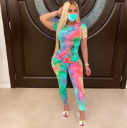 Tie-Dye Two Piece Set Women Summer Clothes Casual Sportswear 2 Piece Outfit for Women Sweat Suit Short Sleeve Top and Shorts Set include Mask - EverythingWhatYouWant
