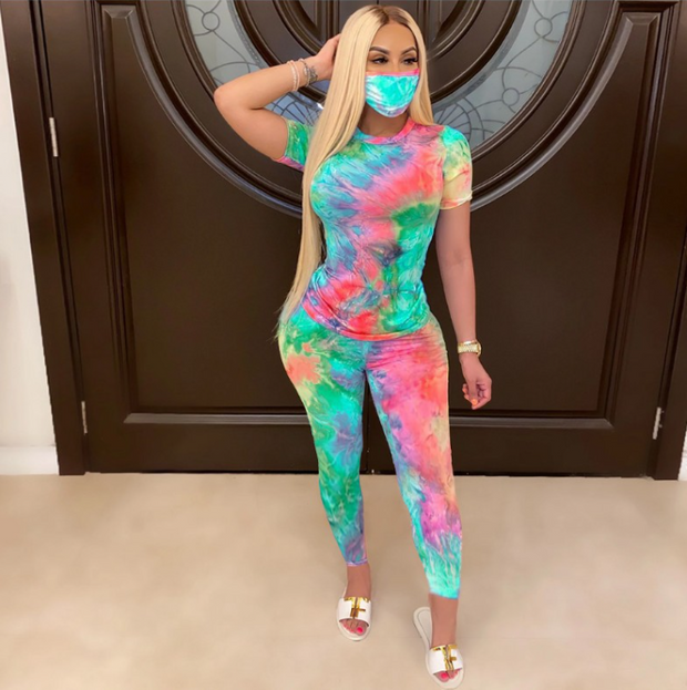 Tie-Dye Two Piece Set Women Summer Clothes Casual Sportswear 2 Piece Outfit for Women Sweat Suit Short Sleeve Top and Shorts Set include Mask - EverythingWhatYouWant