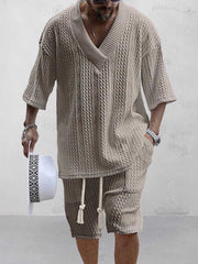 Summer Casual Shorts Set Knitted Two Piece Men's Clothing V-Neck Short Sleeve T-shirt and Shorts Streetwear Knit Outfits - EverythingWhatYouWant