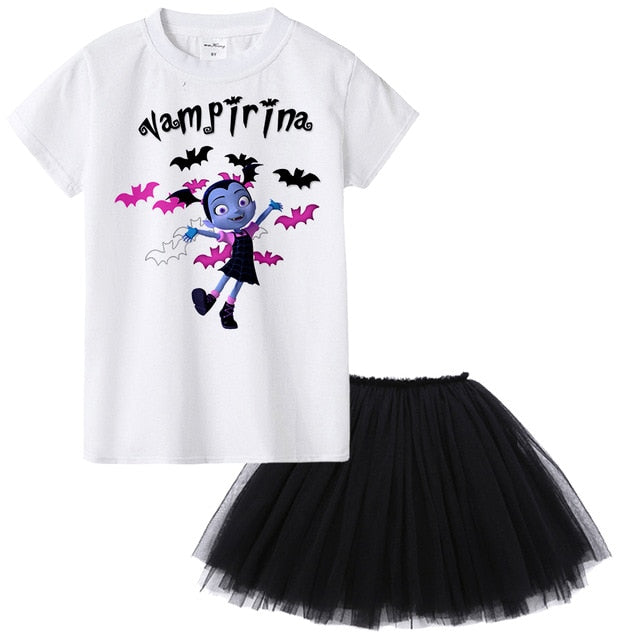 1-12 years old teens todder baby infant casual summer dress cartoon Vampirina T-Shirts+Net Veil Dress kids Vampire 2Pcs clothes - EverythingWhatYouWant
