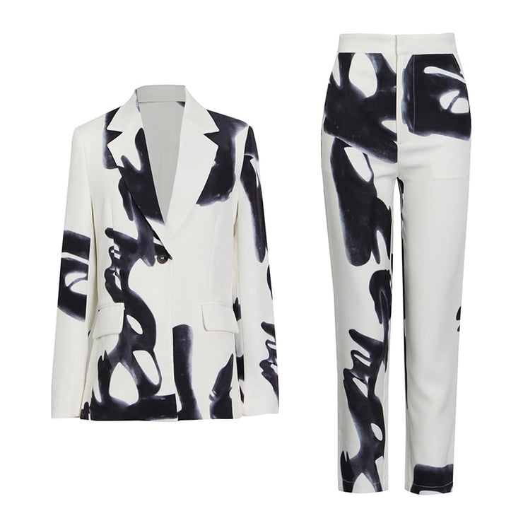 Casual Print Two Piece Set For Women Lapel Patchwork Diamond Tops High Waist Loose Pants Female Sets - EverythingWhatYouWant