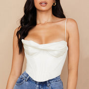 Women's Sexy Pile Collar Satin Fishbone Pleated Camisole Tops - EverythingWhatYouWant