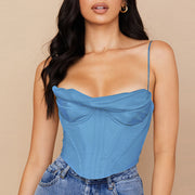 Women's Sexy Pile Collar Satin Fishbone Pleated Camisole Tops - EverythingWhatYouWant
