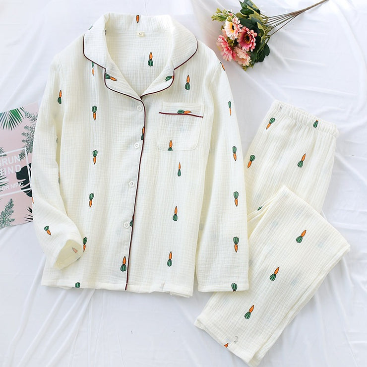 Women Cotton Pajama Sets Carrot Print Pattern Long Sleeve Shirt+trousers Soft Sleepwear Set Nightie Home Clothes Autumn - EverythingWhatYouWant
