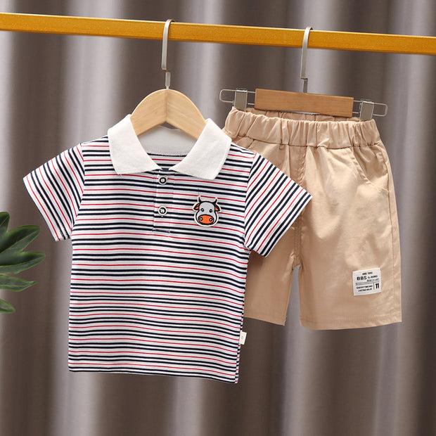 Boys Summer Short Sleeve Set 1-5 year old baby striped short sleeved 2 piece jean shorts set for primary and middle school children - EverythingWhatYouWant