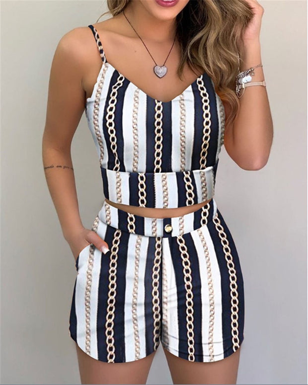 Summer Women Fashion 2-piece Outfit Set Sleeveless Print Top and Shorts Set for Ladies Women Party wear - EverythingWhatYouWant