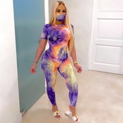 Tie-Dye Two Piece Set Women Summer Clothes Casual Sportswear 2 Piece Outfit for Women Sweat Suit Short Sleeve Top and Shorts Set include Mask - EverythingWhatYouWant