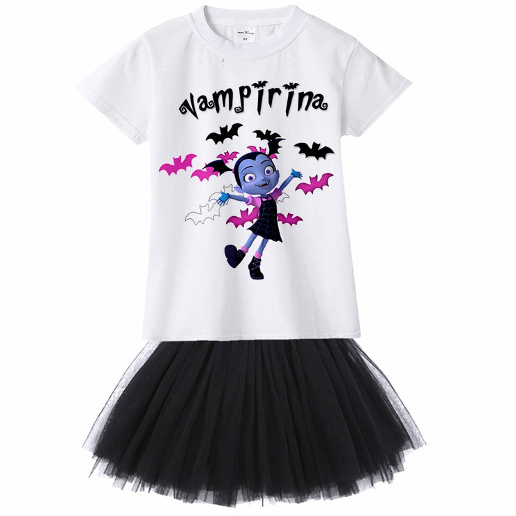 1-12 years old teens todder baby infant casual summer dress cartoon Vampirina T-Shirts+Net Veil Dress kids Vampire 2Pcs clothes - EverythingWhatYouWant