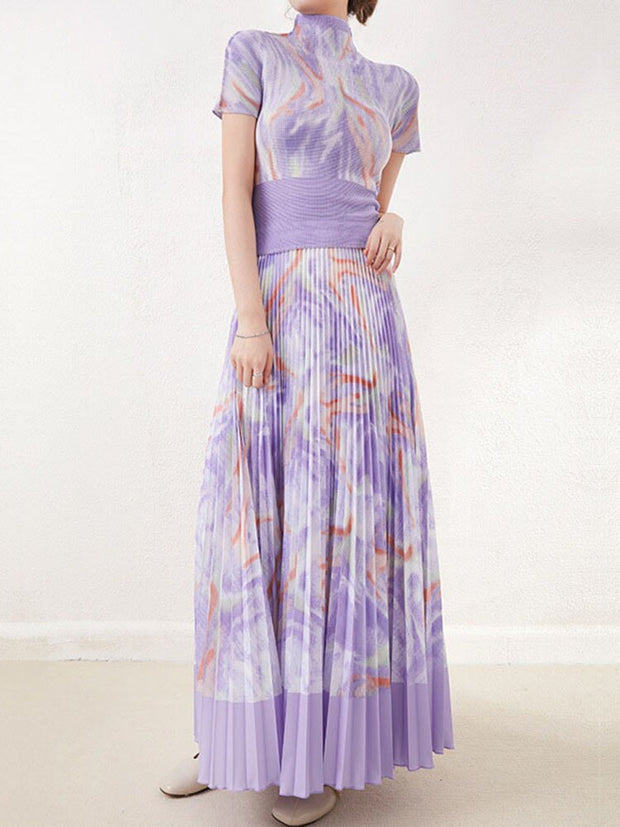 Two Pieces Pleated Set Women Turtleneck Short Sleeve T Shirt Long Loose Skirts Retro Sets Female Elegant Clothing - EverythingWhatYouWant