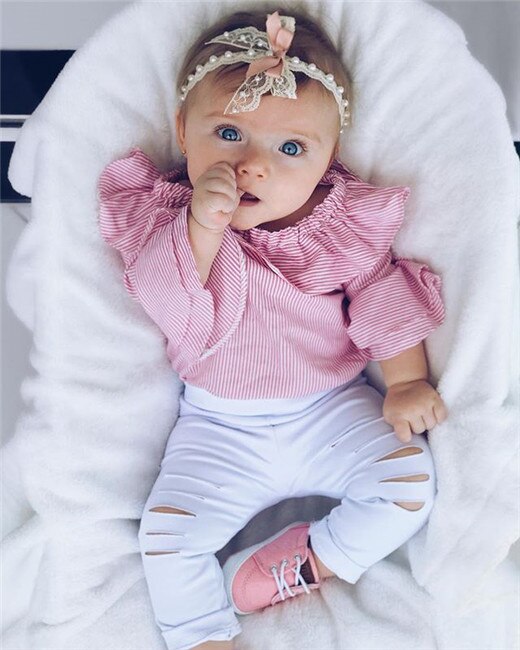 2PCS Baby Girls Clothing Set Girls Off Shoulder Romper +White Ripped Jeans Pants Infant Pink Outfits Newborn Clothes Sets - EverythingWhatYouWant