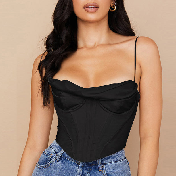 Women's Sexy Pile Collar Satin Fishbone Pleated Camisole Tops - EverythingWhatYouWant