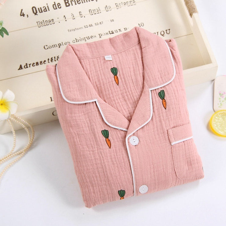 Women Cotton Pajama Sets Carrot Print Pattern Long Sleeve Shirt+trousers Soft Sleepwear Set Nightie Home Clothes Autumn - EverythingWhatYouWant
