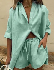 Casual Cotton Linen Solid Color Sets Women Short Sleeve Loose Shirt Wide Leg Shorts Two Piece Set Woman Suits 2023 Summer - EverythingWhatYouWant