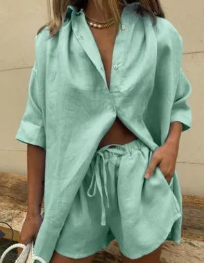 Casual Cotton Linen Solid Color Sets Women Short Sleeve Loose Shirt Wide Leg Shorts Two Piece Set Woman Suits 2023 Summer - EverythingWhatYouWant