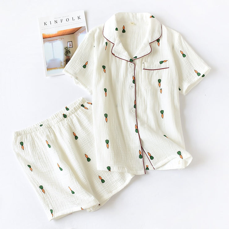Women Cotton Pajama Sets Carrot Print Pattern Long Sleeve Shirt+trousers Soft Sleepwear Set Nightie Home Clothes Autumn - EverythingWhatYouWant