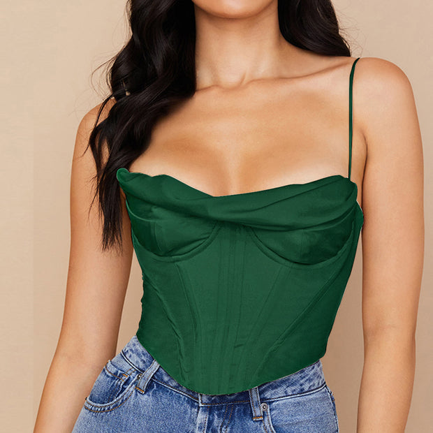 Women's Sexy Pile Collar Satin Fishbone Pleated Camisole Tops - EverythingWhatYouWant