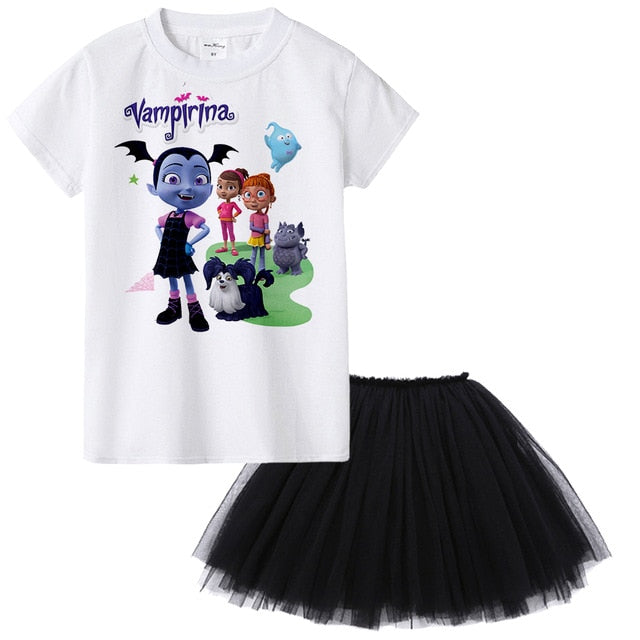 1-12 years old teens todder baby infant casual summer dress cartoon Vampirina T-Shirts+Net Veil Dress kids Vampire 2Pcs clothes - EverythingWhatYouWant