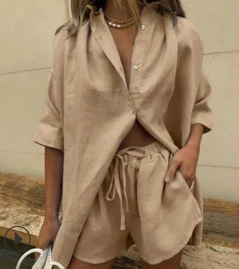 Casual Cotton Linen Solid Color Sets Women Short Sleeve Loose Shirt Wide Leg Shorts Two Piece Set Woman Suits 2023 Summer - EverythingWhatYouWant