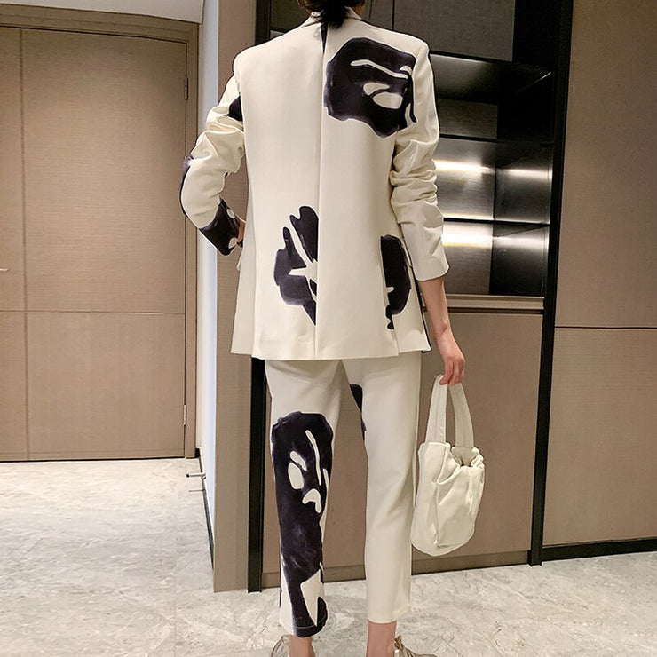 Casual Print Two Piece Set For Women Lapel Patchwork Diamond Tops High Waist Loose Pants Female Sets - EverythingWhatYouWant