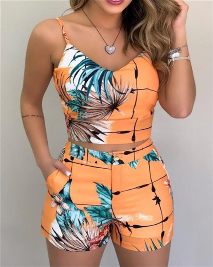 Summer Women Fashion 2-piece Outfit Set Sleeveless Print Top and Shorts Set for Ladies Women Party wear - EverythingWhatYouWant