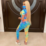 Tie-Dye Two Piece Set Women Summer Clothes Casual Sportswear 2 Piece Outfit for Women Sweat Suit Short Sleeve Top and Shorts Set include Mask - EverythingWhatYouWant