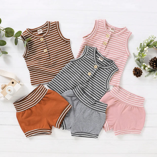 Summer Baby Shorts Set For Girls Boys Newborn Clothes 2Pcs Bottom Vest+Striped Shorts Sleeveless Toddler Boy Clothing Suit D30 - EverythingWhatYouWant
