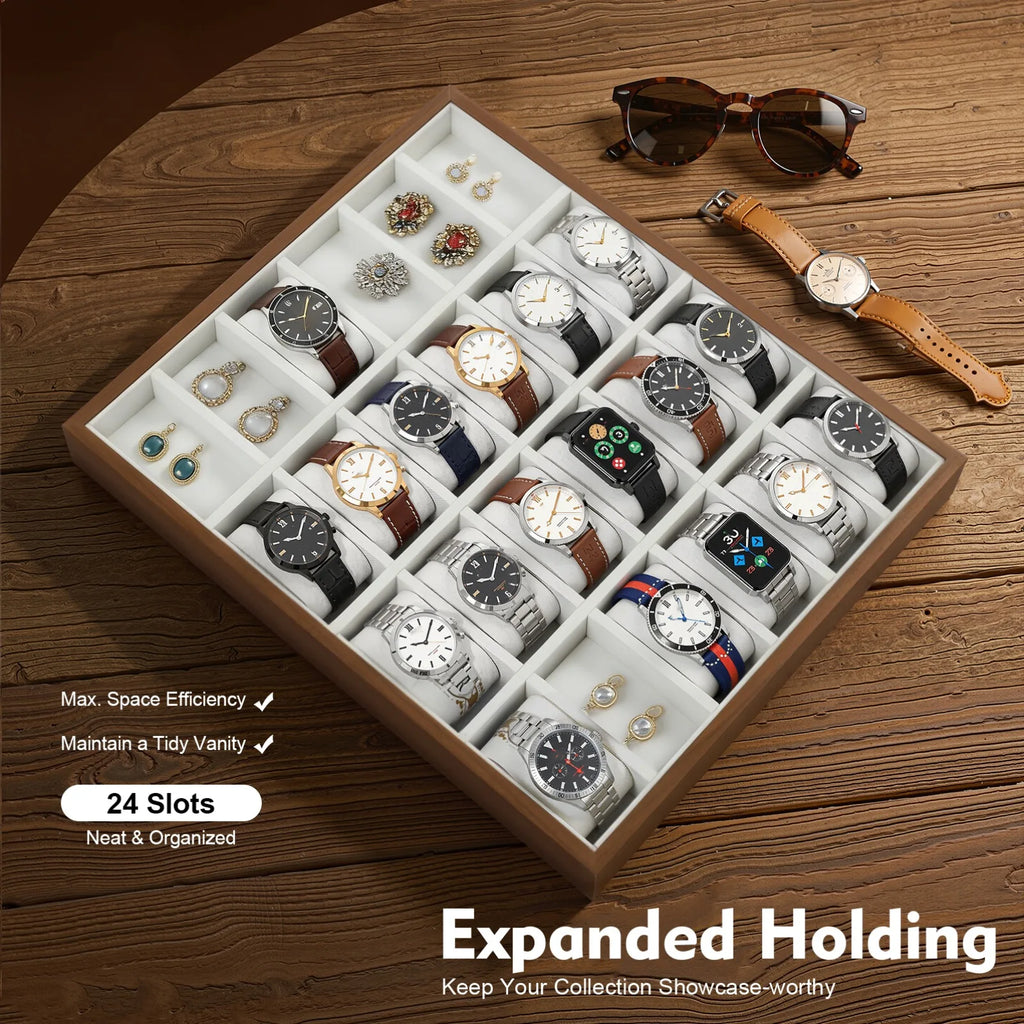 24 Slot Watch Box Watch Organizer Display Case Watch Collector Box with Removable Pillows for Watch Bracelet Cufflink - EverythingWhatYouWant