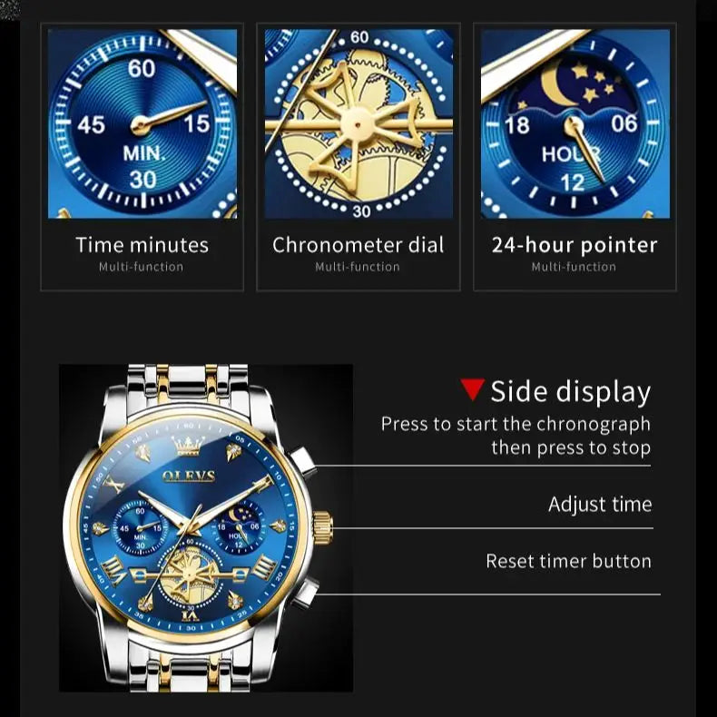 OLEVS 2856 Quartz Watch for Men Flywheel Skeleton Chronograph Moon Phase Multifunctional Stainless steel Men's Wristwatches - EverythingWhatYouWant