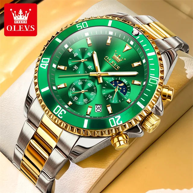 OLEVS Original Quartz Watch for Men Stainless Steel Waterproof Chronograph Moon Phase Auto Date Luxury Men's Sports Wristwatches - EverythingWhatYouWant