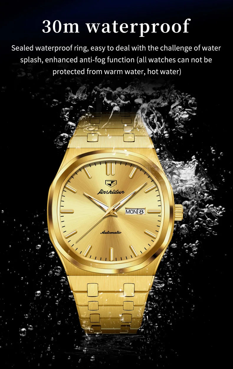 JSDUN 8966 Full Gold Watch for Men Automatic Mechanical Dual Calendar Display Waterproof Night light Man Wristwatch - EverythingWhatYouWant