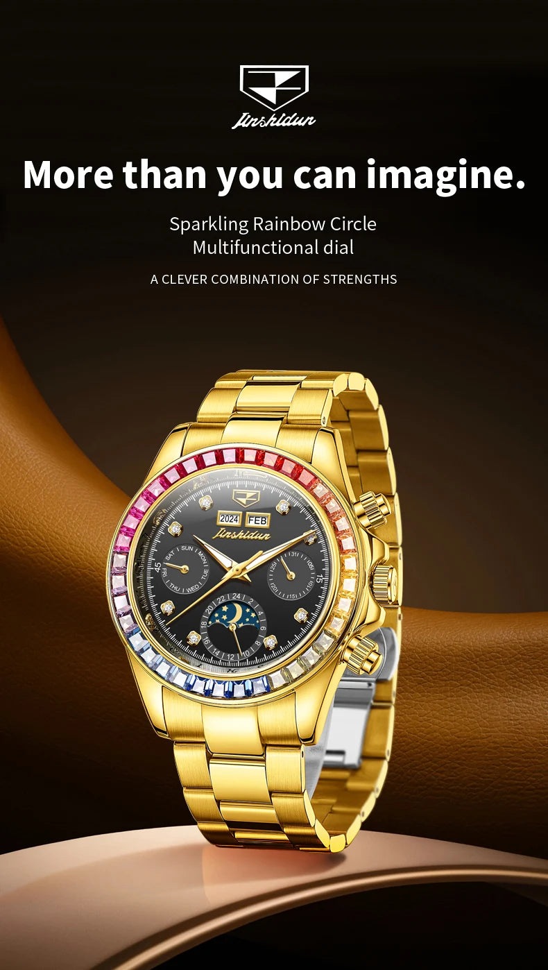 JSDUN 8974 New Moon Phase Automatic Watch for Men Gold Steel Strap Rainbow Diamond Lap Luxury Original Brand Mehcanical Watches - EverythingWhatYouWant