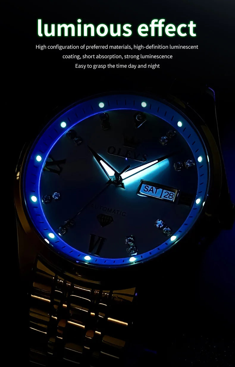OLEVS 9801 Mens Watch Original Waterproof Luminous Watches For Men Automatic Mechanical Watch Dual Calendar Display Mens Gifts - EverythingWhatYouWant