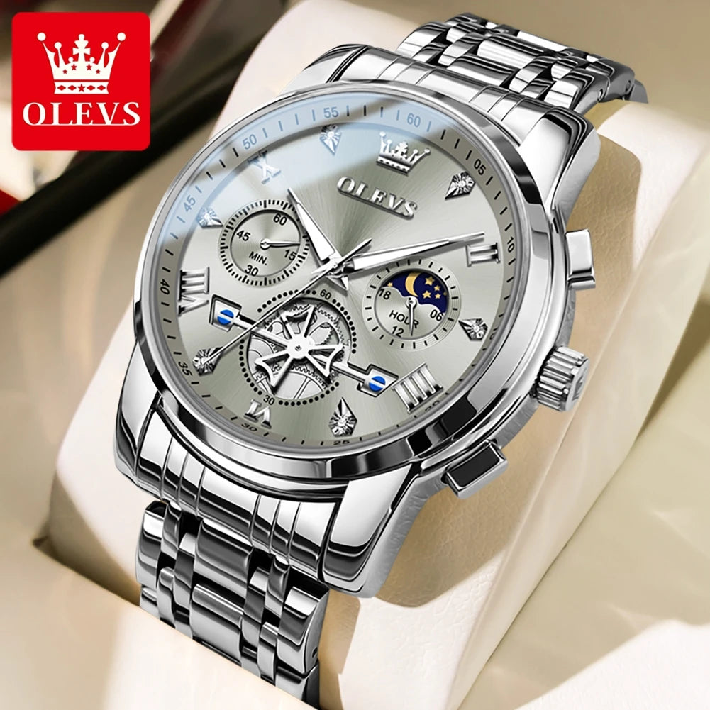 OLEVS 2856 Quartz Watch for Men Flywheel Skeleton Chronograph Moon Phase Multifunctional Stainless steel Men's Wristwatches - EverythingWhatYouWant