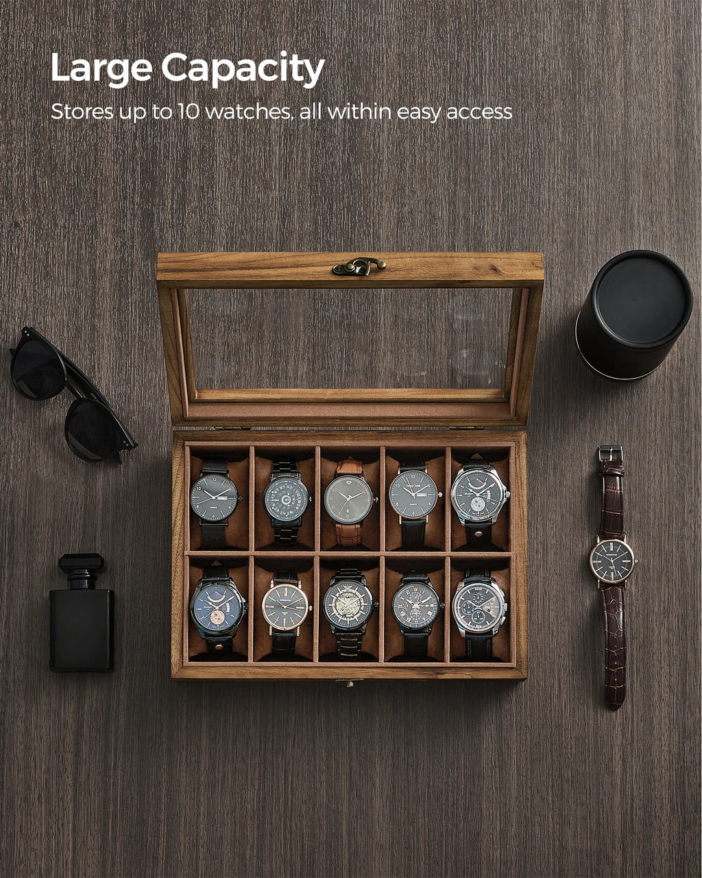 SONGMICS 10-Slot Watch Box, Watch Display Case with Large Glass Lid, Removable Watch Pillows, Velvet Lining - EverythingWhatYouWant