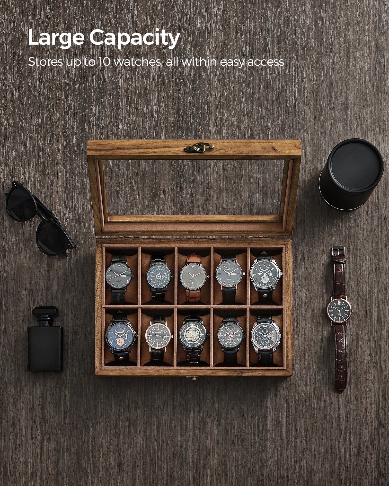 SONGMICS 10-Slot Watch Box, Watch Display Case with Large Glass Lid, Removable Watch Pillows, Velvet Lining - EverythingWhatYouWant