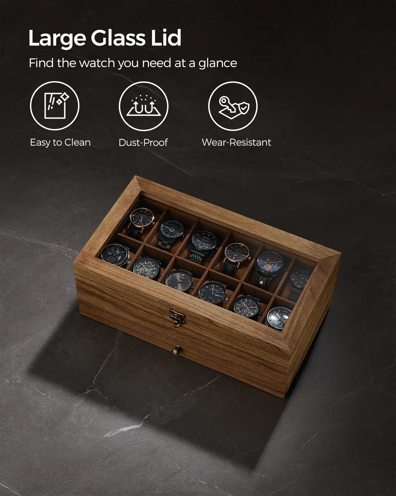 SONGMICS 12-Slot Watch Box, 2-Tier Watch Display Case with Large Glass Lid, Removable Watch Pillows, Velvet Lining, Jewelry Box - EverythingWhatYouWant