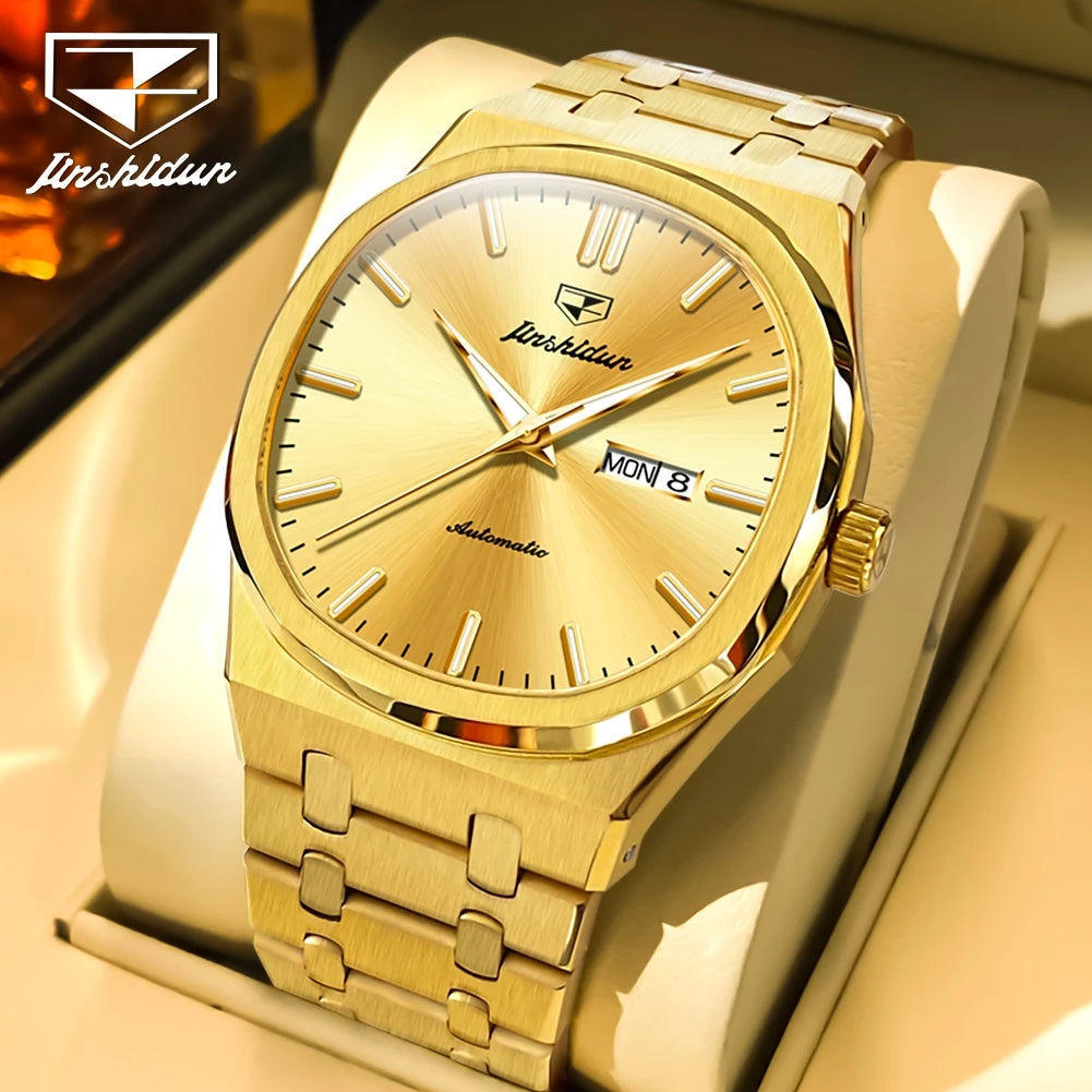 JSDUN 8966 Full Gold Watch for Men Automatic Mechanical Dual Calendar Display Waterproof Night light Man Wristwatch - EverythingWhatYouWant