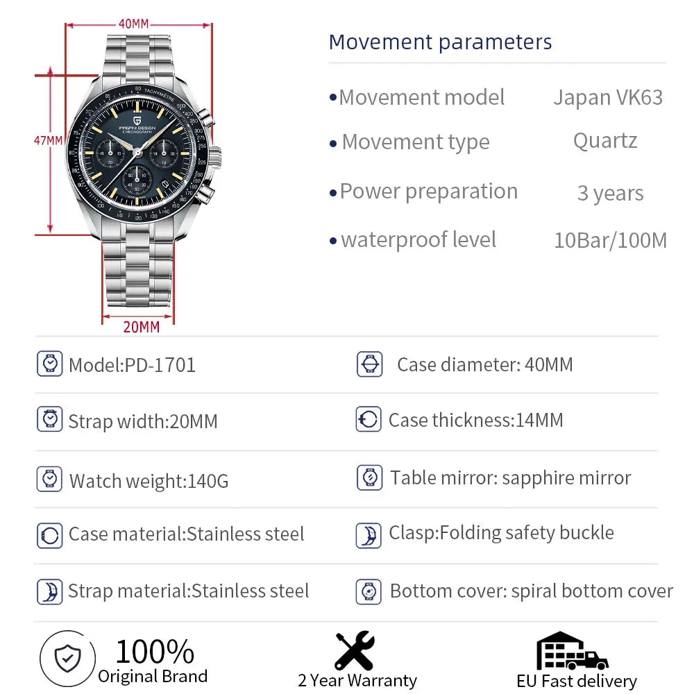 PAGANI DESIGN PD1701 Tribute to CK2998 Moon Watch Retro Quartz Watch For Men AR Sapphire crystal Sport Chronograph Man 2026 New - EverythingWhatYouWant