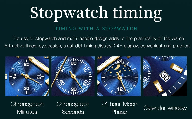 OLEVS Original Quartz Watch for Men Stainless Steel Waterproof Chronograph Moon Phase Auto Date Luxury Men's Sports Wristwatches - EverythingWhatYouWant