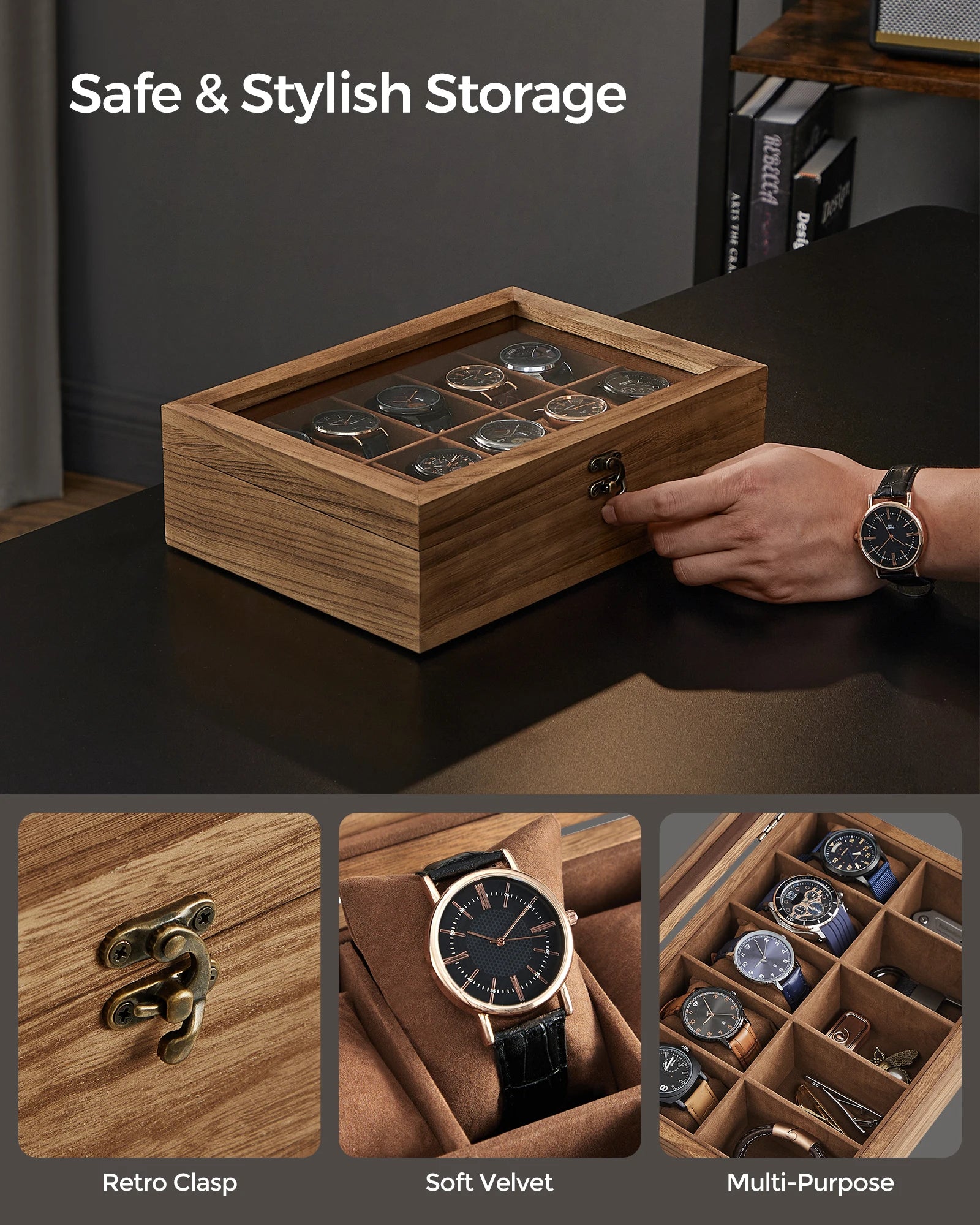 SONGMICS 10-Slot Watch Box, Watch Display Case with Large Glass Lid, Removable Watch Pillows, Velvet Lining - EverythingWhatYouWant