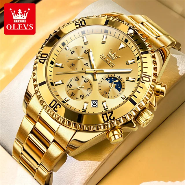 OLEVS Original Quartz Watch for Men Stainless Steel Waterproof Chronograph Moon Phase Auto Date Luxury Men's Sports Wristwatches - EverythingWhatYouWant