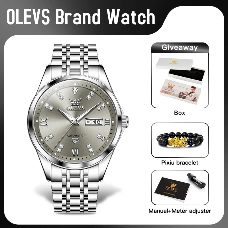 OLEVS 9801 Mens Watch Original Waterproof Luminous Watches For Men Automatic Mechanical Watch Dual Calendar Display Mens Gifts - EverythingWhatYouWant