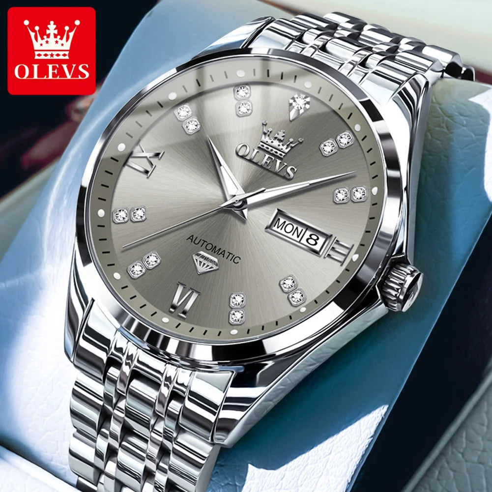 OLEVS 9801 Mens Watch Original Waterproof Luminous Watches For Men Automatic Mechanical Watch Dual Calendar Display Mens Gifts - EverythingWhatYouWant