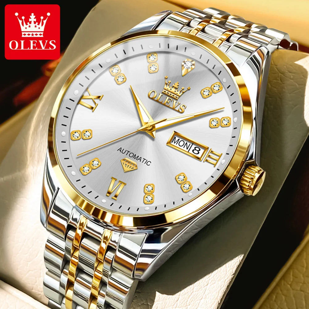 OLEVS 9801 Mens Watch Original Waterproof Luminous Watches For Men Automatic Mechanical Watch Dual Calendar Display Mens Gifts - EverythingWhatYouWant