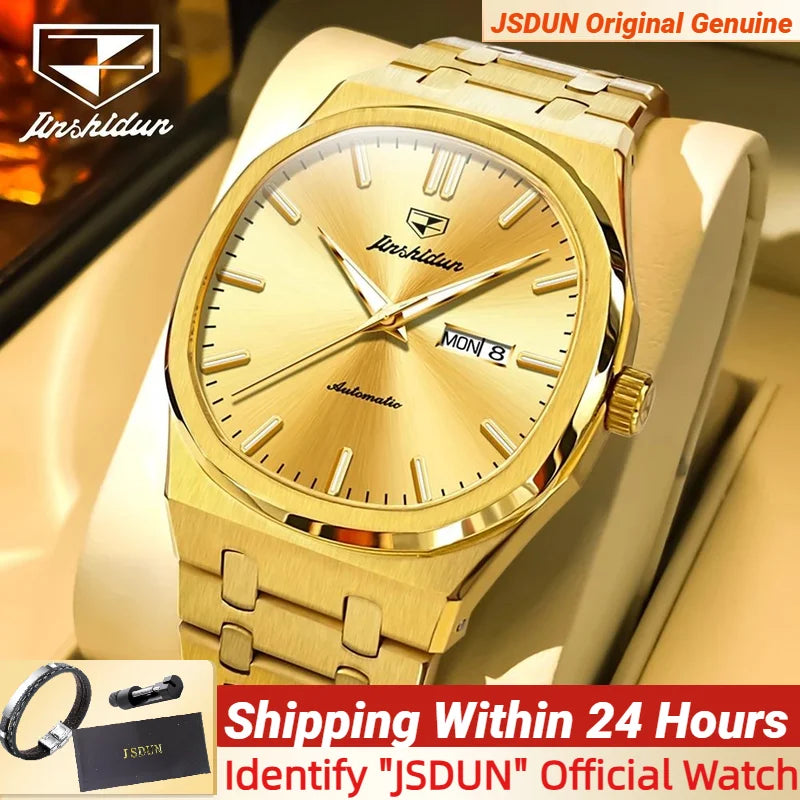 JSDUN 8966 Full Gold Watch for Men Automatic Mechanical Dual Calendar Display Waterproof Night light Man Wristwatch - EverythingWhatYouWant