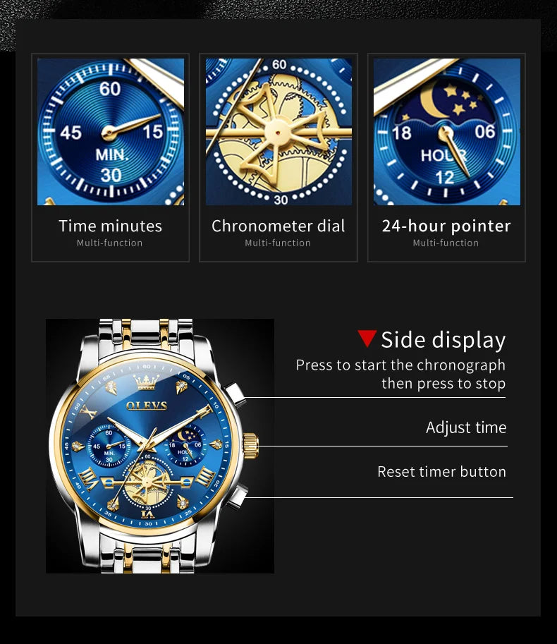 OLEVS 2856 Quartz Watch for Men Flywheel Skeleton Chronograph Moon Phase Multifunctional Stainless steel Men's Wristwatches - EverythingWhatYouWant