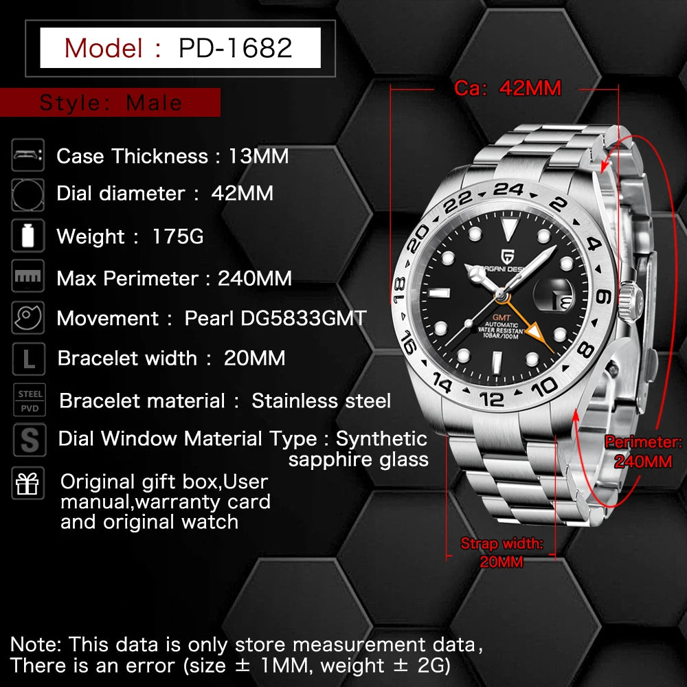 Pagani Design PD1682 Men’s GMT Watch 42mm Automatic Mechanical DG5833 Sapphire Crystal Stainless Steel Waterproof Black Vintage - EverythingWhatYouWant