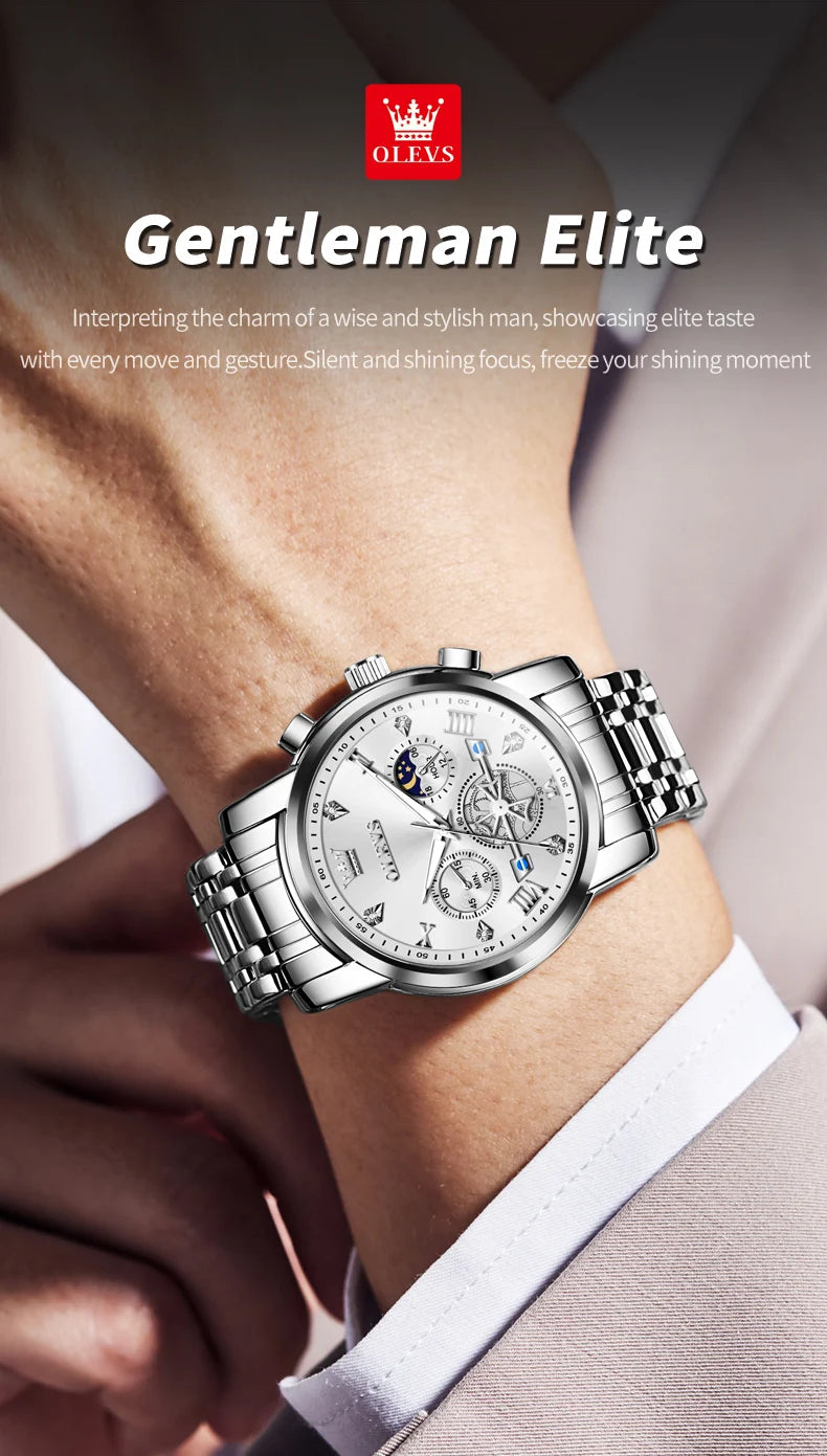 OLEVS 2856 Quartz Watch for Men Flywheel Skeleton Chronograph Moon Phase Multifunctional Stainless steel Men's Wristwatches - EverythingWhatYouWant