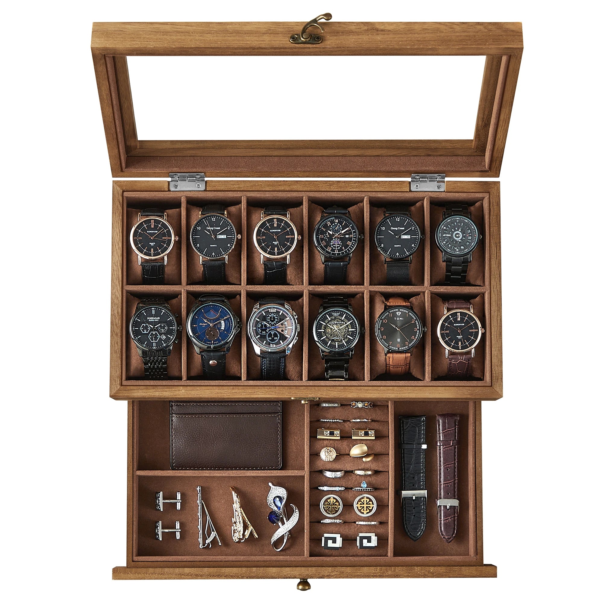 SONGMICS 12-Slot Watch Box, 2-Tier Watch Display Case with Large Glass Lid, Removable Watch Pillows, Velvet Lining, Jewelry Box - EverythingWhatYouWant