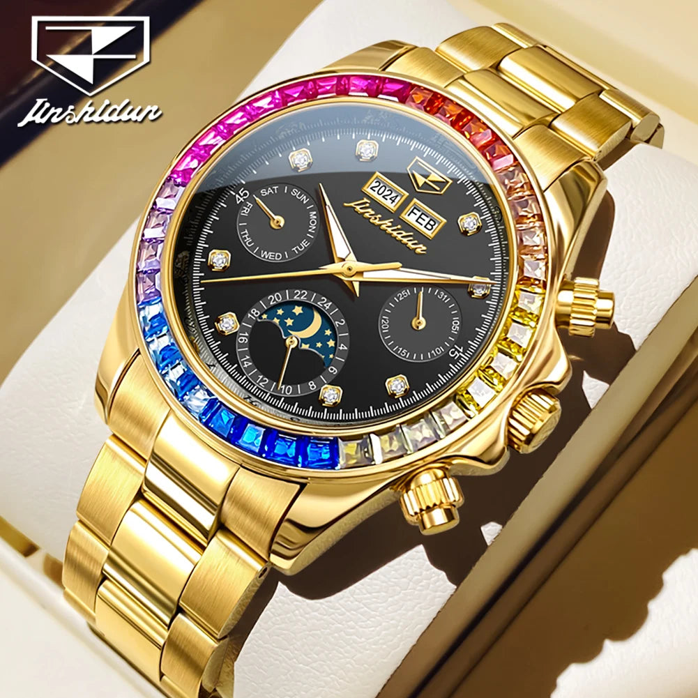 JSDUN 8974 New Moon Phase Automatic Watch for Men Gold Steel Strap Rainbow Diamond Lap Luxury Original Brand Mehcanical Watches - EverythingWhatYouWant
